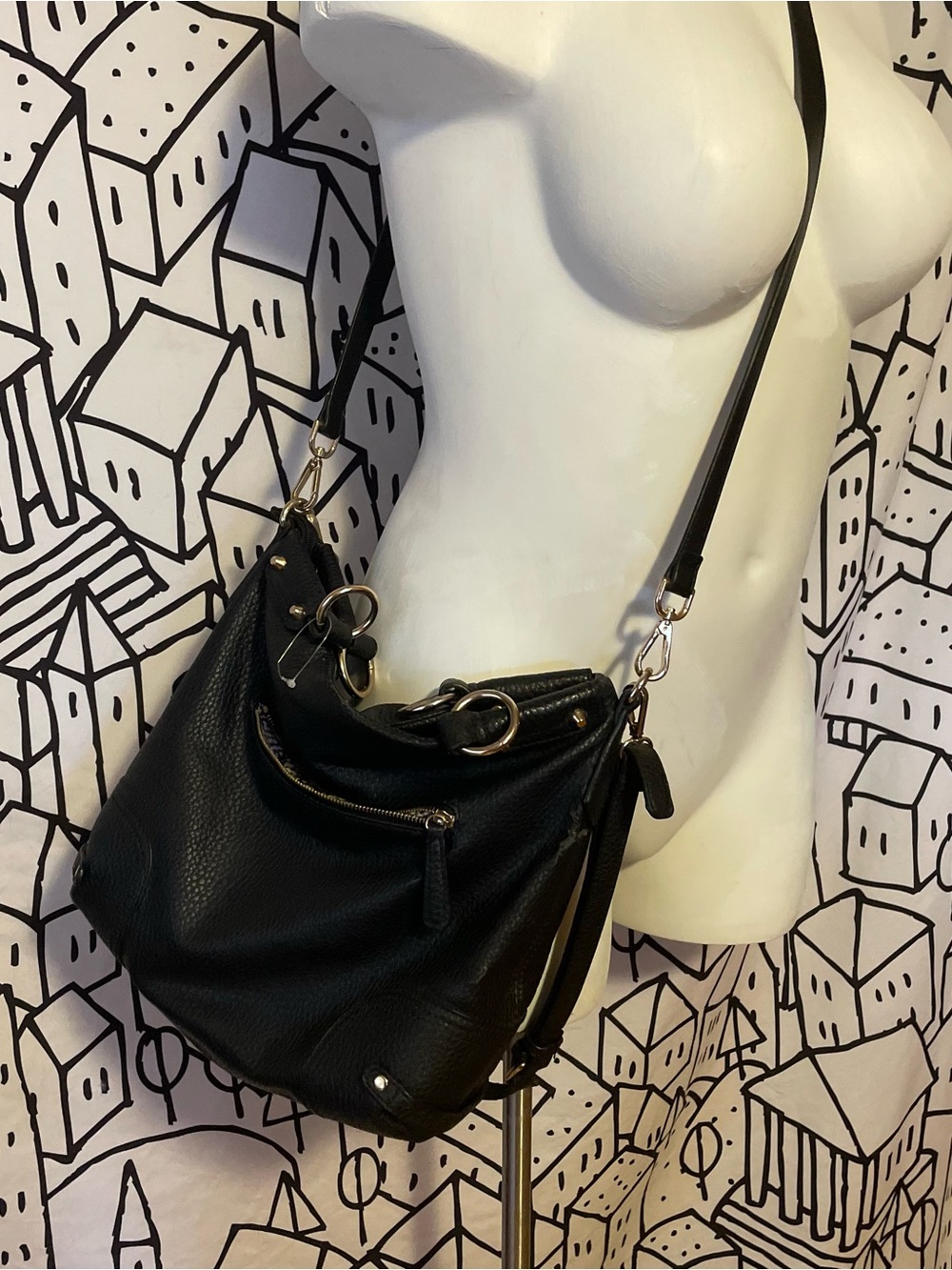 Classic Black vegan  Leather Shoulder Bag with Gold Hardware cross body